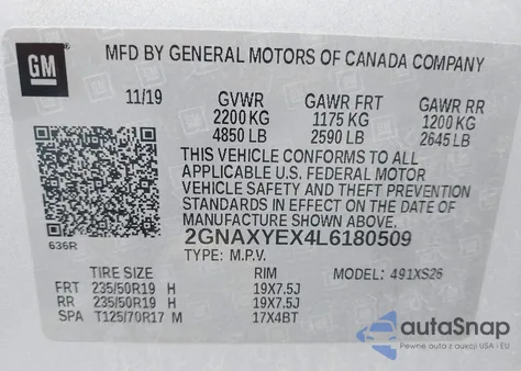 2020 Chevrolet Equinox Awd Premier 2.0L Turbo z USA, uszkodzony, nr VIN 2GNAXYEX4L6180509